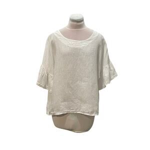 VIOLA BORGHI Made in Italy 100% Linen White Ruffle Sleeve Boxy Top LG Minimalist